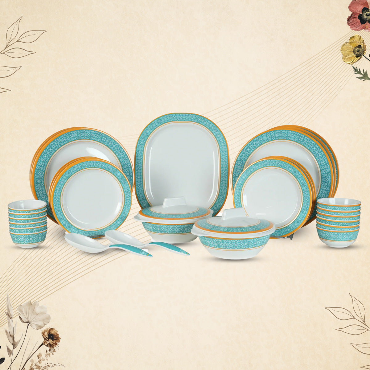 Stehlen Dinnerware, Pure melamine, Vintage, 31 Piece Kitchen Set for home- Cubic Green