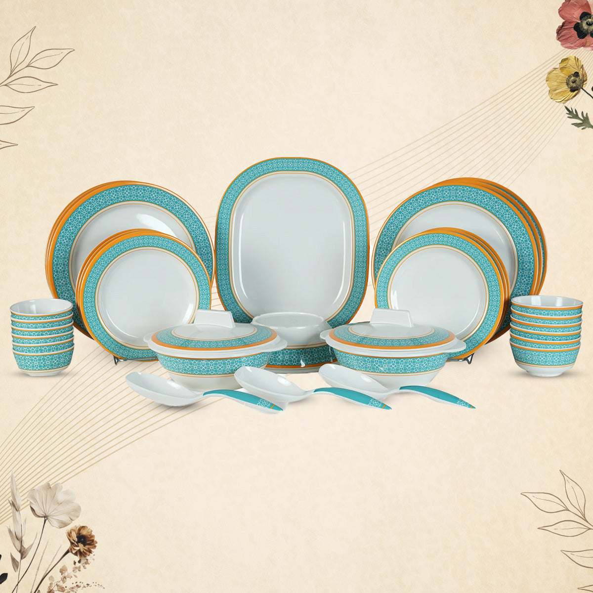 Stehlen Dinnerware, Pure melamine, Vintage, 33 Piece Kitchen Set for home- Cubic Green