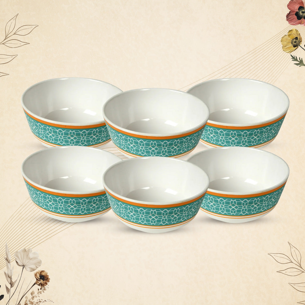 Stehlen Dinnerware, Pure melamine, Vintage, 6 Piece Vegetable Bowl, Kitchen Set for home- Cubic Green