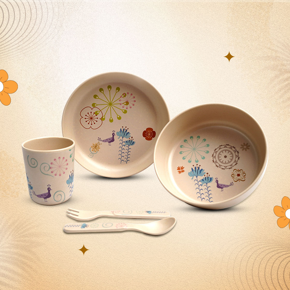 Stehlen set of 5 pcs kids feeding set, Pure melamine, DANCING PEACOCK