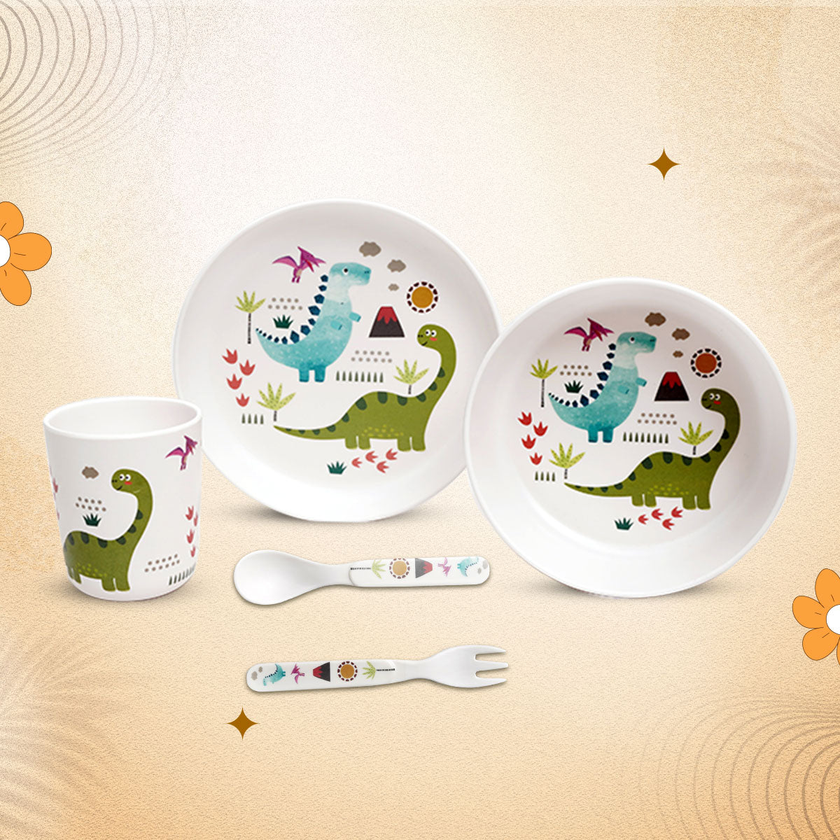 Stehlen set of 5 pcs kids feeding set, Pure melamine, DINOSAUR