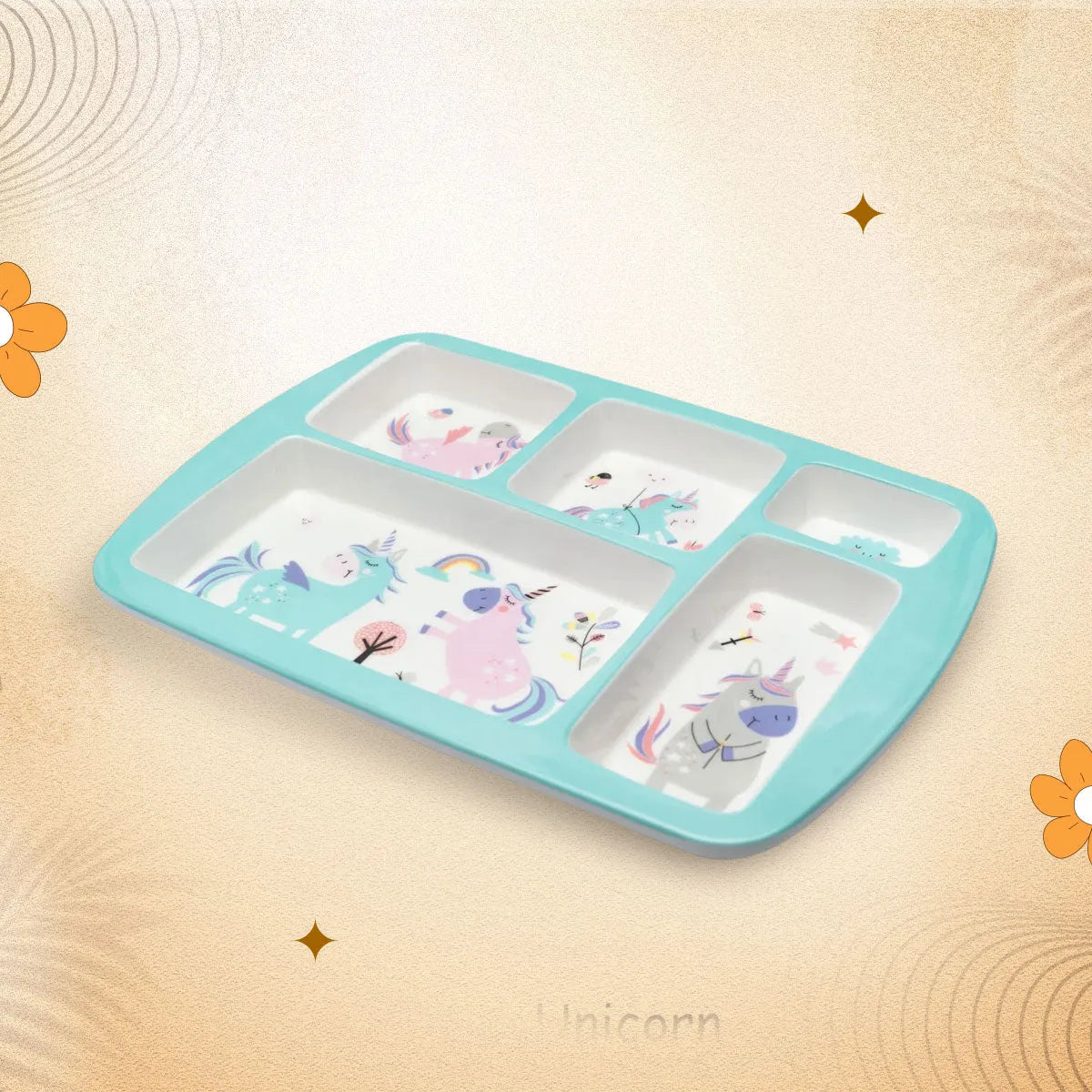 Kids 5-Partition Dinner Plate- Blue Unicorn