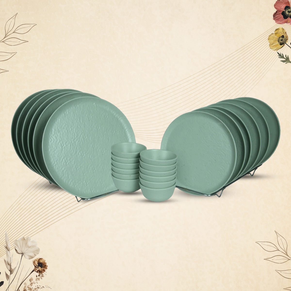 Stehlen Donna Hammered Dinnerware, Pure melamine, 24 PC Kitchen Set for home- GREEN DOT