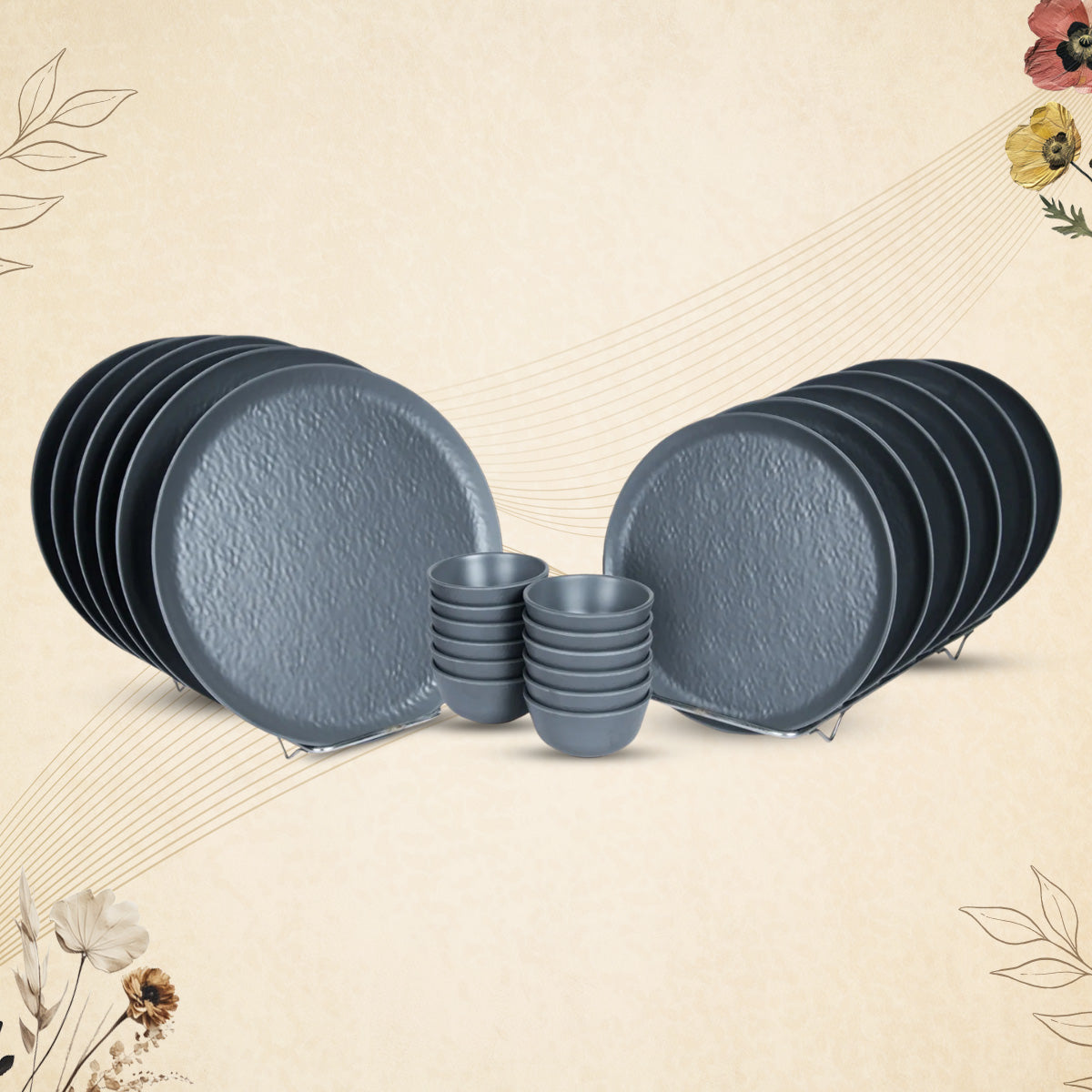 Stehlen Donna Hammered Dinnerware, Pure melamine, 24 PC Kitchen Set for home- Gray