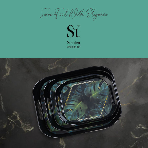 Stehlen 100% Pure melamine Era Tray, Dishwasher safe, Heat resistant upto 140 degrees, Break resistant, FDA Approved, Elegant, Durable, and Versatile for Every Occasion - Set of 3 HAWAII LEAF