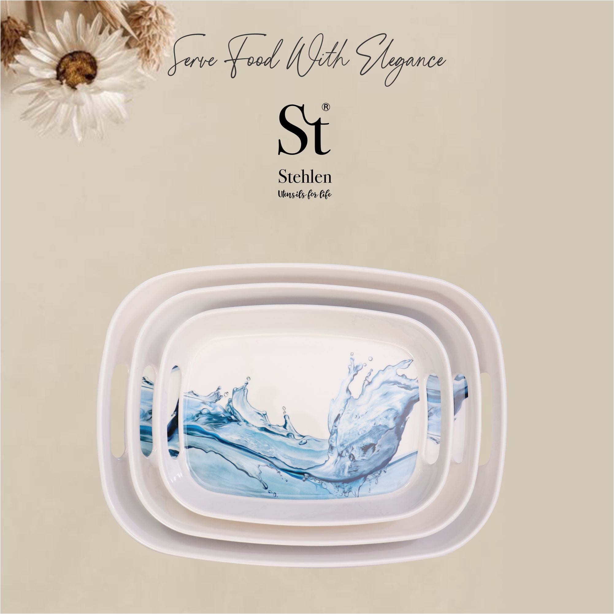 Stehlen 100% Pure melamine Handy Tray- Set of 3 Blue Splash