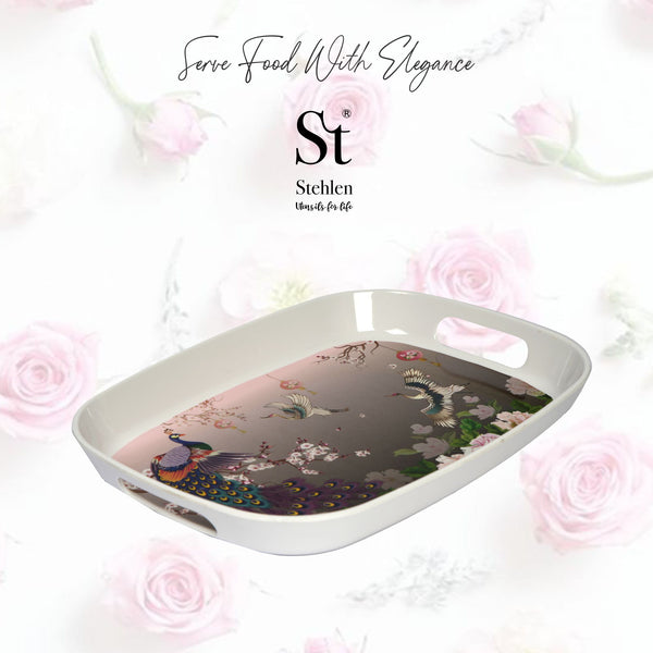 Stehlen 100% Pure melamine Handy Tray, Dishwasher safe, Heat resistant upto 140 degrees, Break resistant, FDA Approved, Elegant, Durable, and Versatile for Every Occasion - Flying Peacock