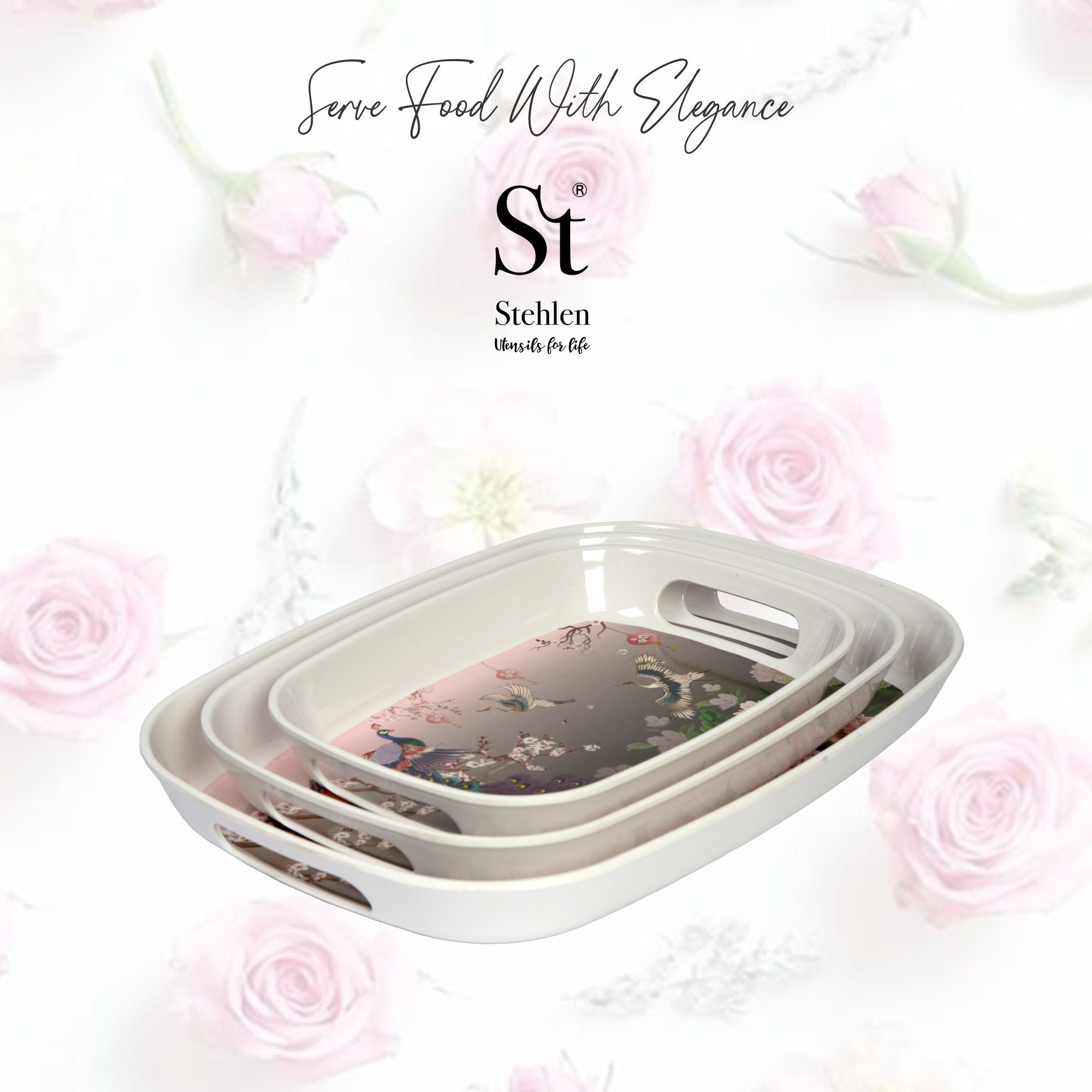 Stehlen 100% Pure melamine Handy Tray- Set of 3 Flying Peacock