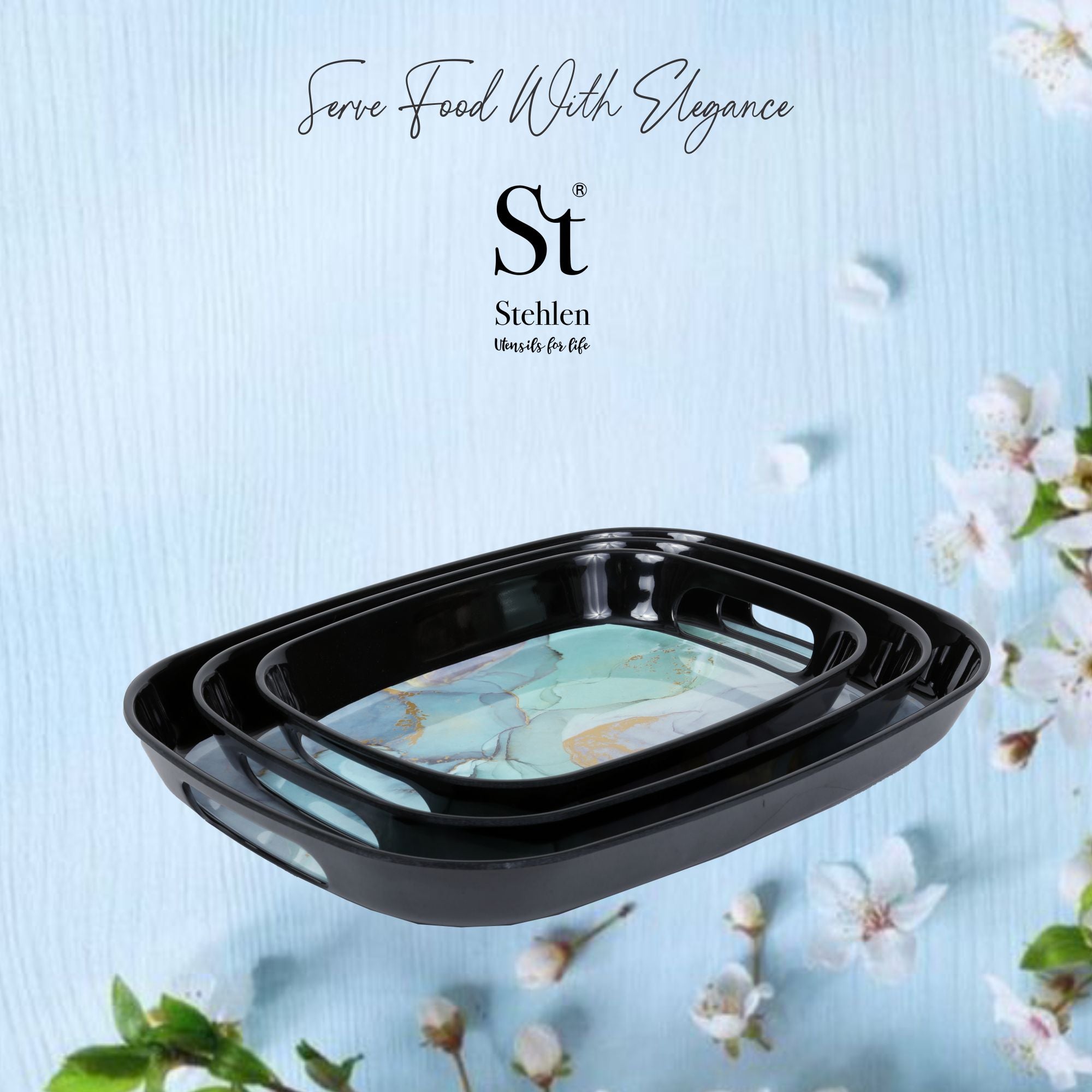 Stehlen 100% Pure melamine Handy Tray- Set of 3 Green Emerald