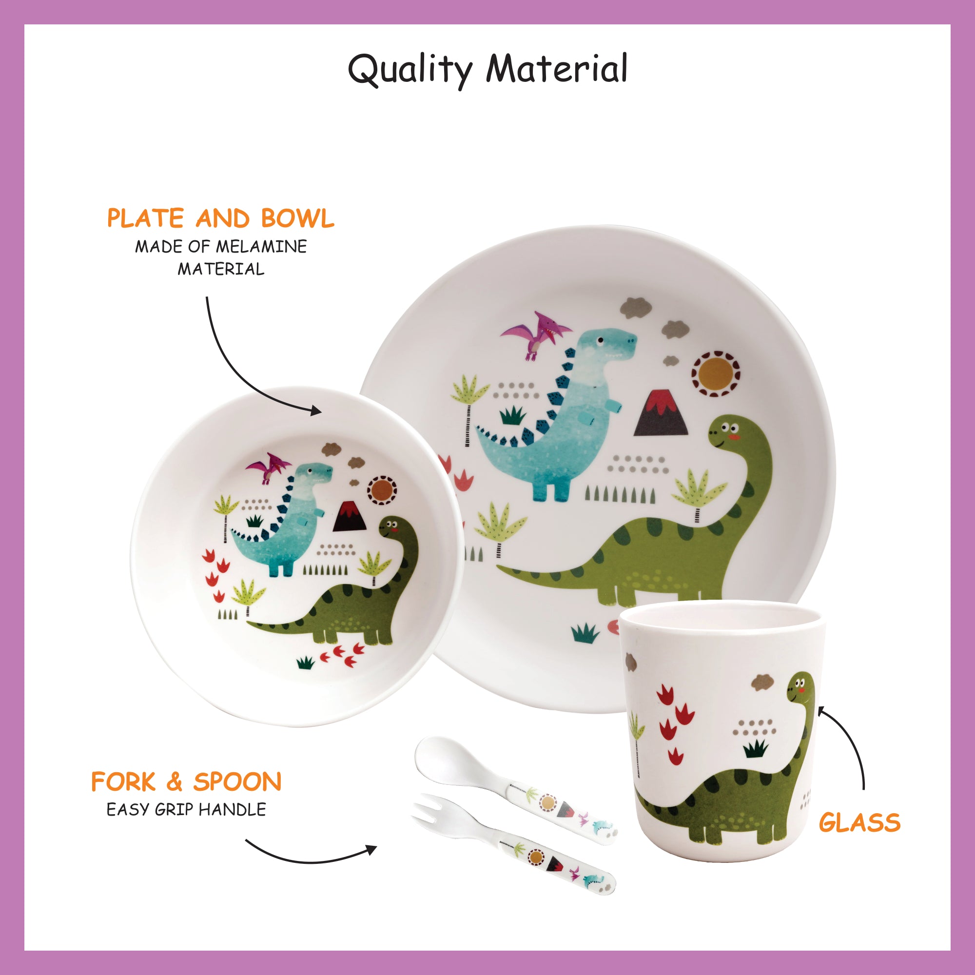 Stehlen set of 5 pcs kids feeding set, Pure melamine, DINOSAUR