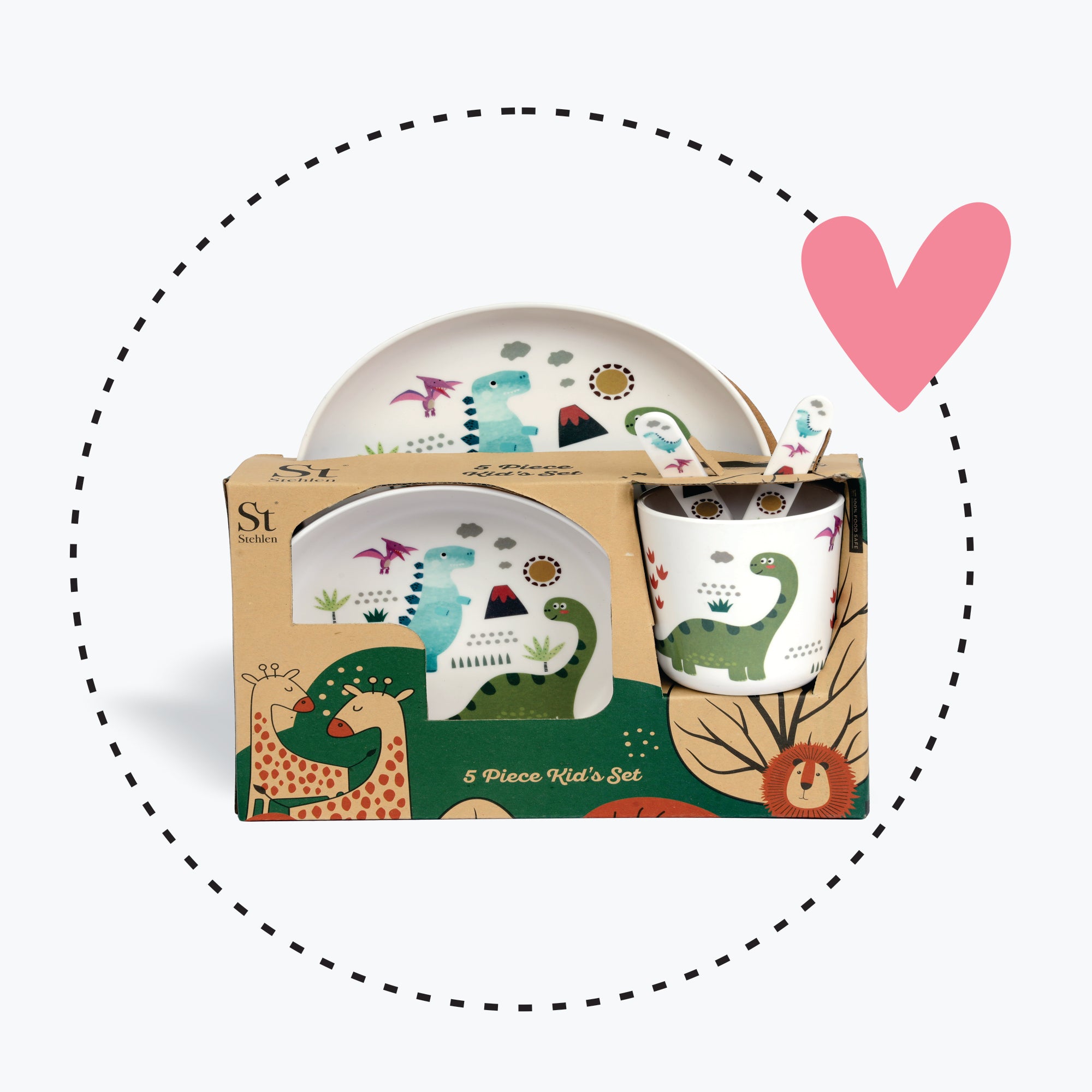 Stehlen set of 5 pcs kids feeding set, Pure melamine, DINOSAUR