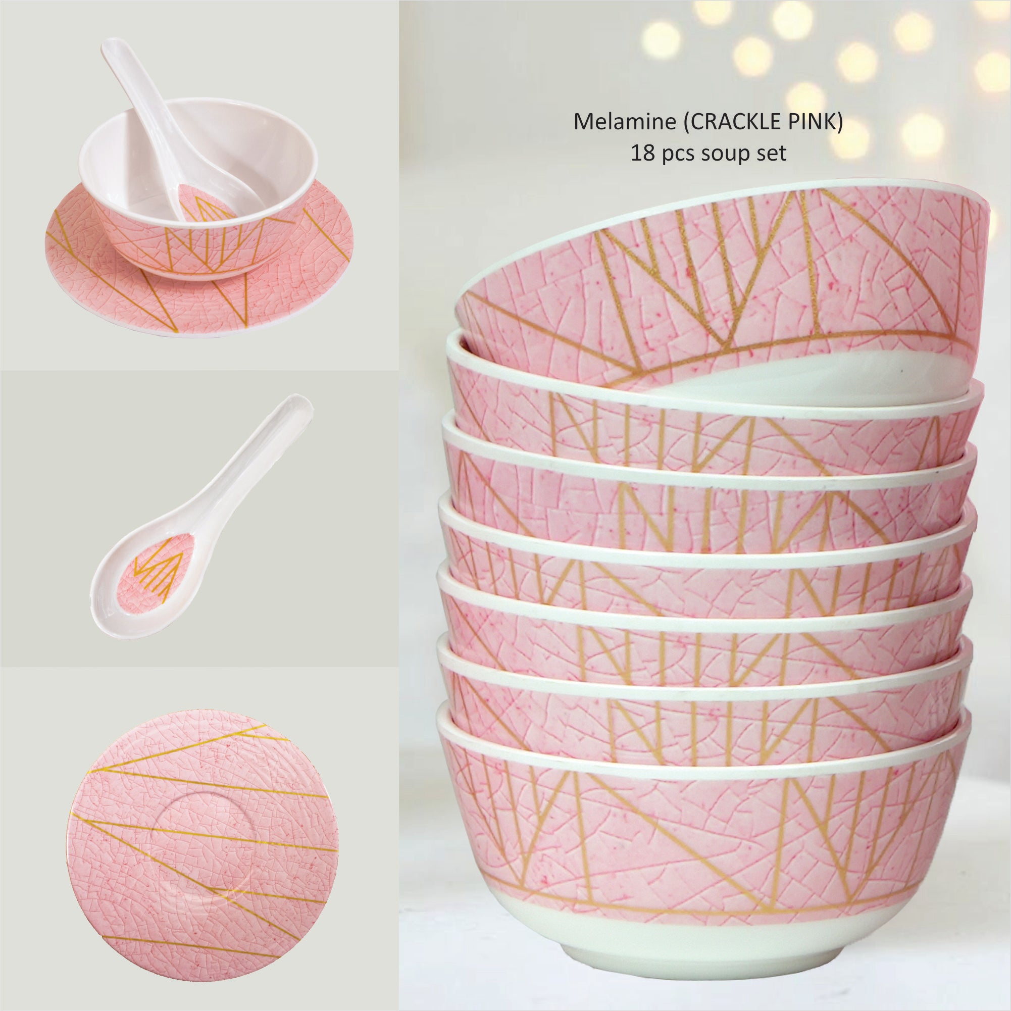 Stehlen Bowl Set, Soup set, Pure melamine, 18 Piece- Crackle Pink