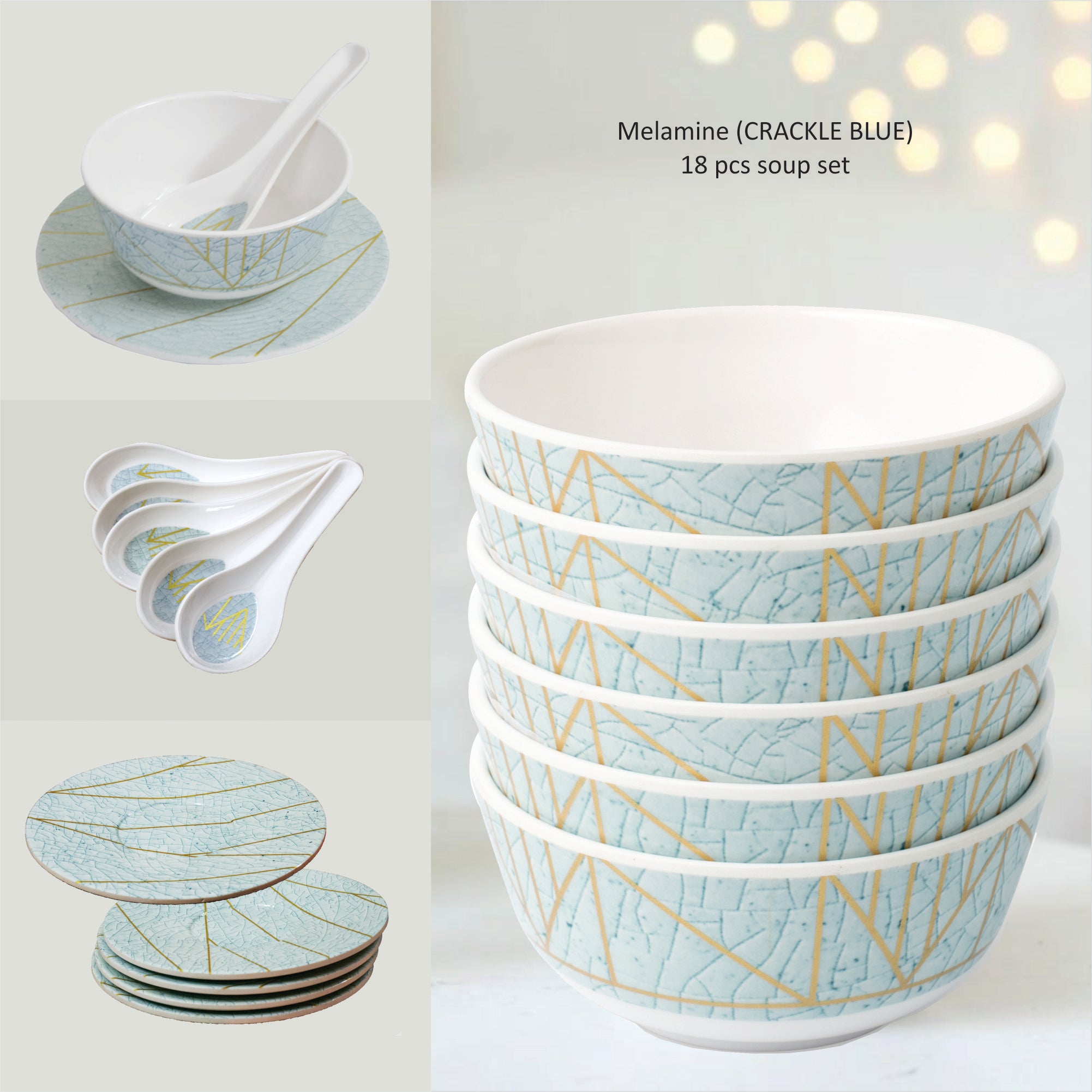 Stehlen Bowl Set, Soup set, Pure melamine, 18 Piece - Crackle Blue