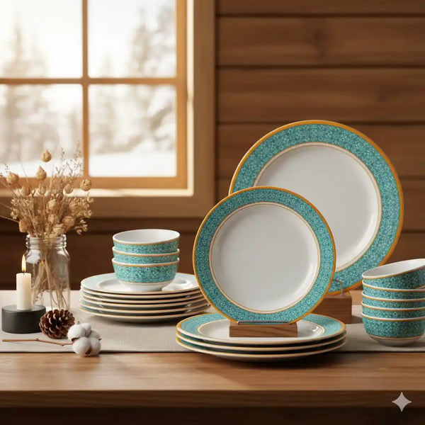24 Pcs Melamine Vintage Cubic Green Dinner Set | Designer Indian Dinne ...