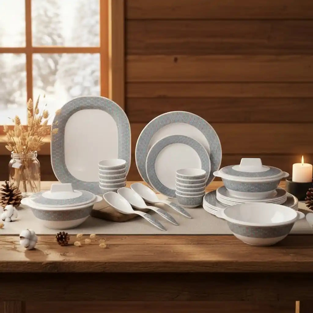 24 Pcs Melamine Vintage Merdian Gray Dinner Set | Designer Indian Dinnerware - 100% Food Safe