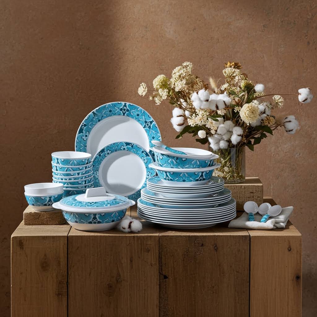 Stehlen Dinnerware, Pure melamine, Vintage, 24 Piece Kitchen Set for home-  MYST BLUE