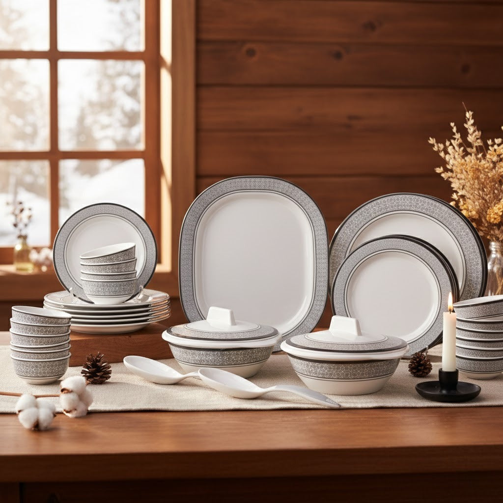 31 Pcs Melamine Vintage Cubic Gray Dinner Set | Designer Indian Dinnerware - 100% Food Safe