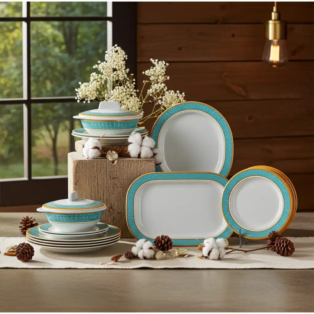 31 Pcs Melamine Vintage Cubic Green Dinner Set | Designer Indian Dinnerware - 100% Food Safe