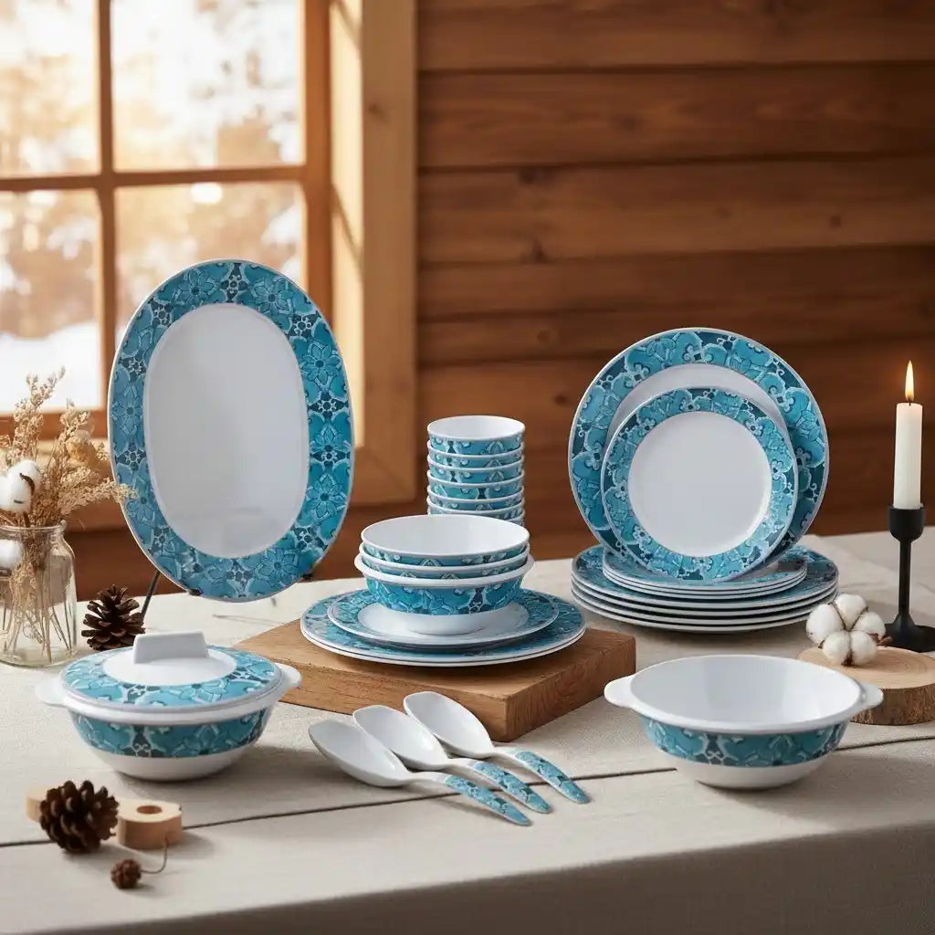31 Pcs Melamine Vintage Myst Blue Dinner Set | Designer Indian Dinnerware - 100% Food Safe