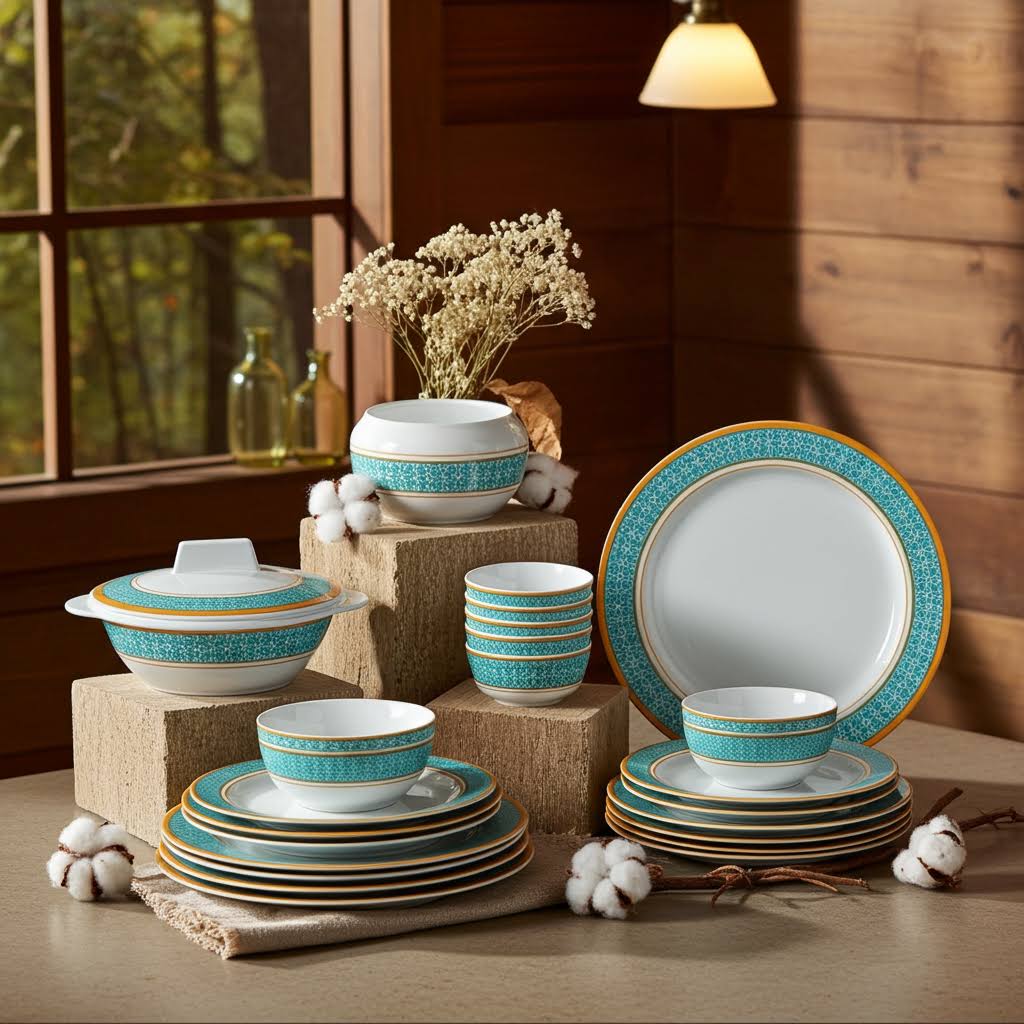 Stehlen Dinnerware, Pure melamine, Vintage, 33 Piece Kitchen Set for home- Cubic Green