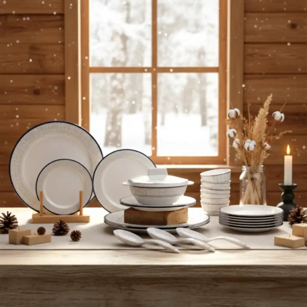 33 Pcs Melamine Vintage Cubic Yellow Dinner Set | Designer Indian Dinnerware - 100% Food Safe