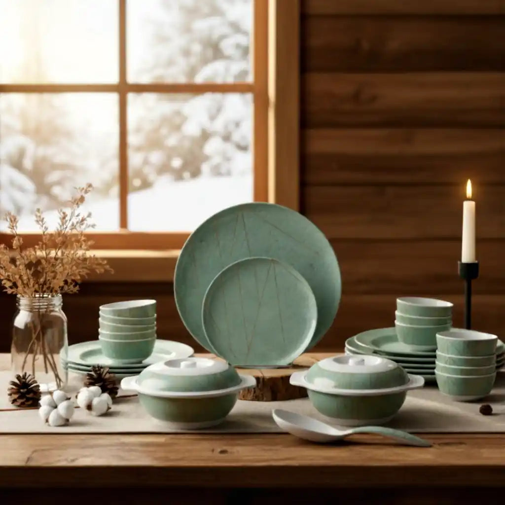 33 Pcs Melamine Donna Glossy Green Crackle Dinner Set | Designer Indian Dinnerware - 100% Food Safe