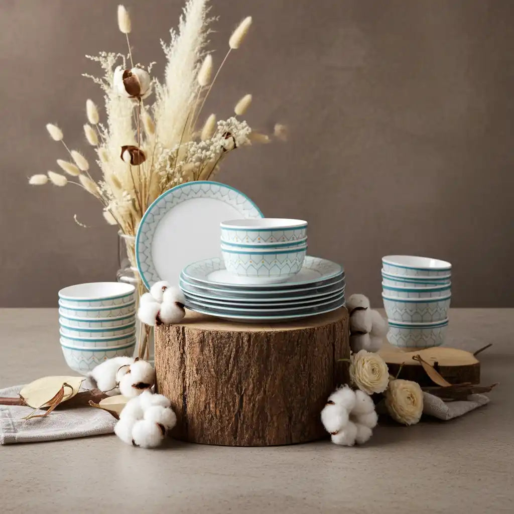 24 Pcs Melamine Aqua Dinner Set | Round Indian Dinnerware - 100% Food Safe