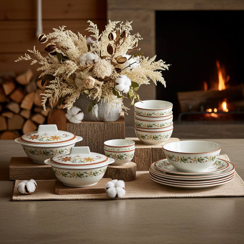 Stehlen Indian Round Dinnerware, Pure melamine, 24 PC Kitchen Set for home-  CREAM SAPPHIRE