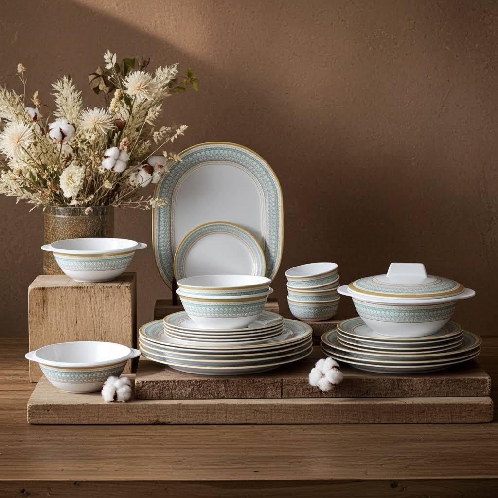 Stehlen Indian Round Dinnerware, Pure melamine, 24 PC Kitchen Set for home-  GOLDEN DIVINE