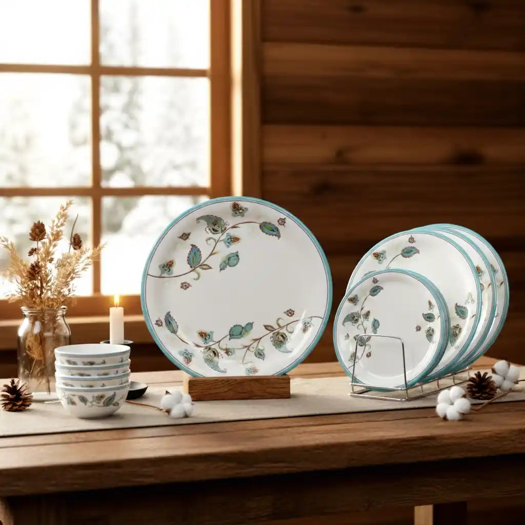 24 Pcs Melamine Green Sapphire Dinner Set | Round Indian Dinnerware - 100% Food Safe