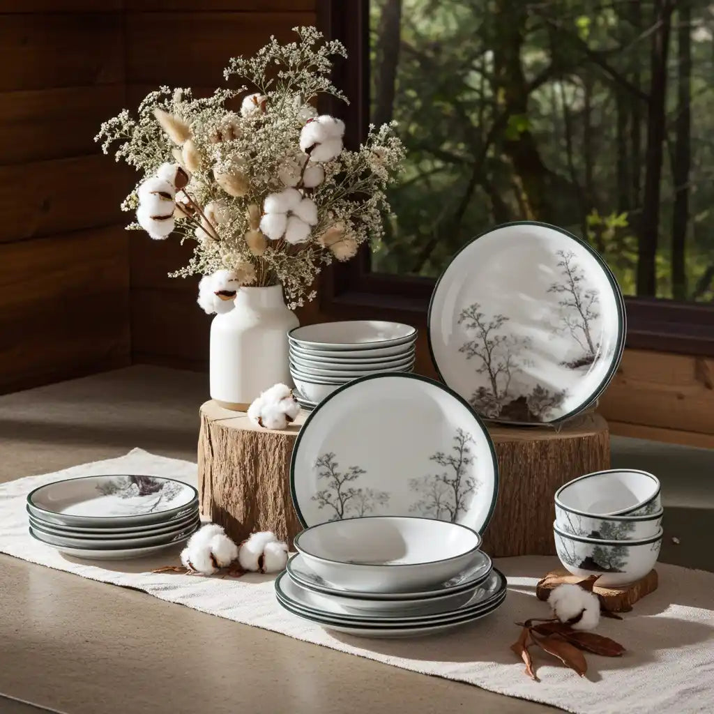 24 Pcs Melamine Oak Dinner Set | Round Indian Dinnerware - 100% Food Safe