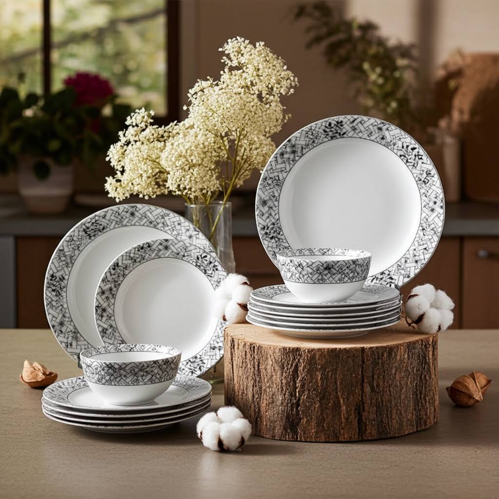 Stehlen Indian Round Dinnerware, Pure melamine, 24 PC Kitchen Set for home-  Olive leaf