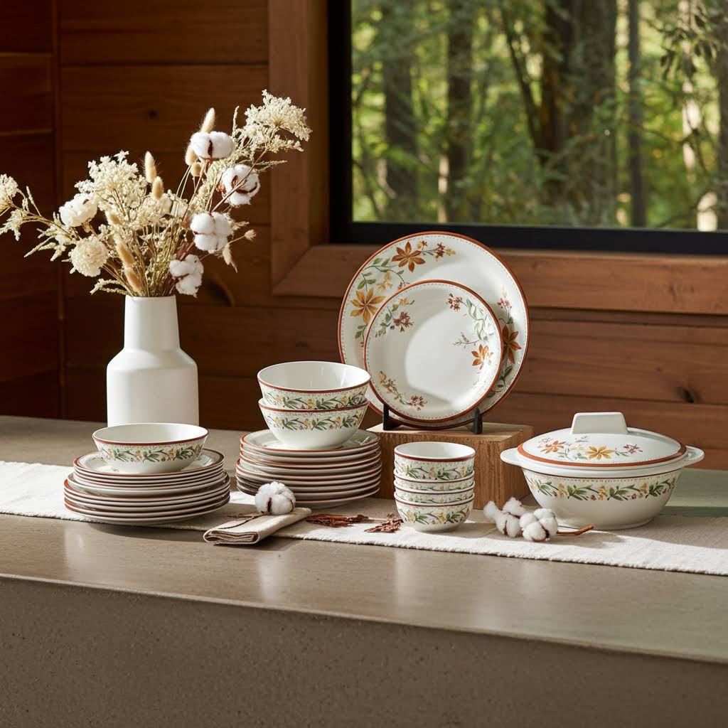 Stehlen Indian Round Dinnerware, Pure melamine, 31 PC Kitchen Set for home- CREAM SAPPHIRE