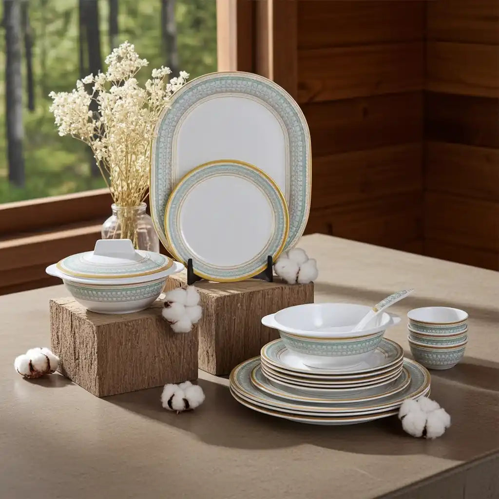 31 Pcs Melamine Golden Divine Dinner Set | Round Indian Dinnerware - 100% Food Safe