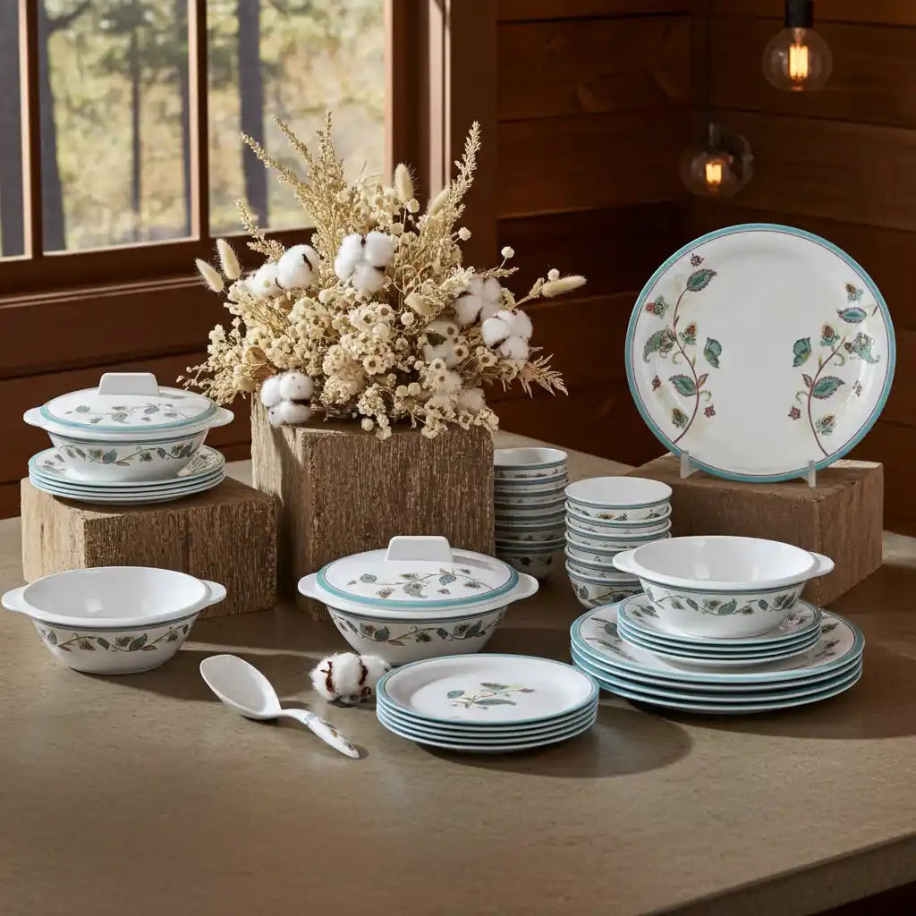 31 Pcs Melamine Green Sapphire Dinner Set | Round Indian Dinnerware - 100% Food Safe