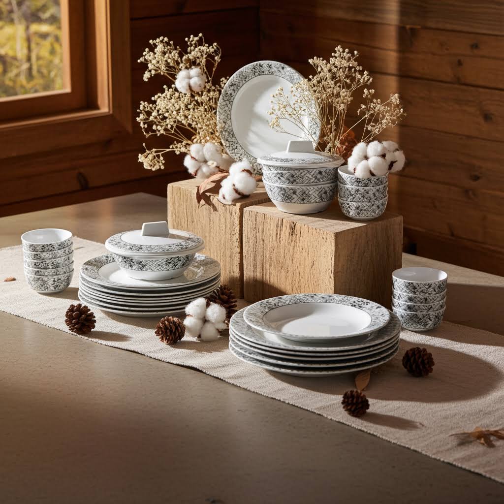 Stehlen Indian Round Dinnerware, Pure melamine, 31 PC Kitchen Set for home-  Olive Leaf