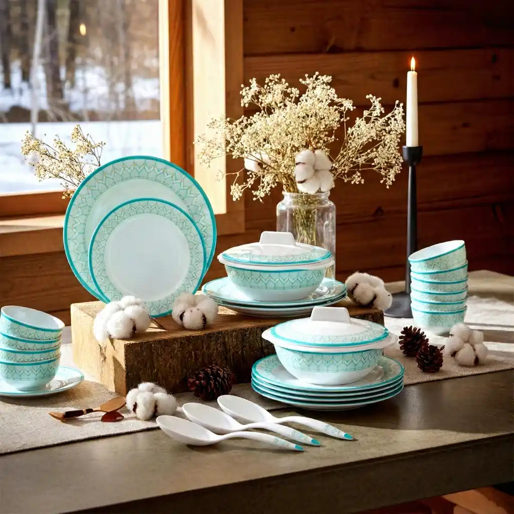 33 Pcs Melamine Aqua Dinner Set | Round Indian Dinnerware - 100% Food Safe