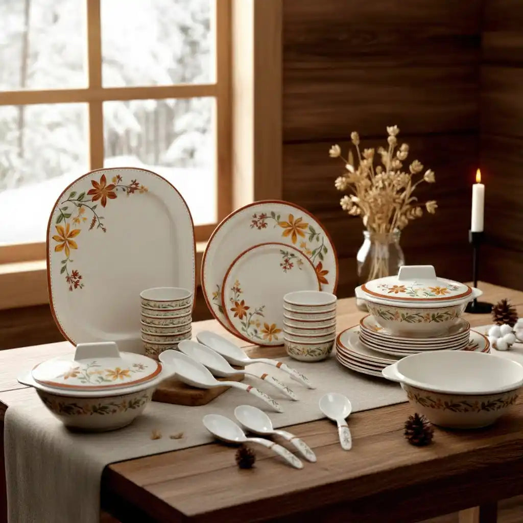 33 Pcs Melamine Cream Sapphire Dinner Set | Round Indian Dinnerware - 100% Food Safe