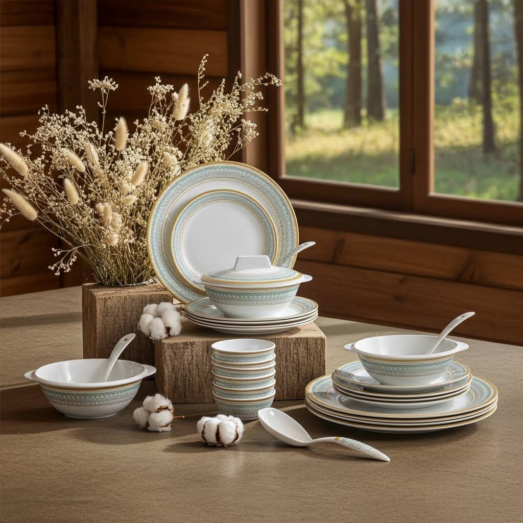 Stehlen Indian Round Dinnerware, Pure melamine, 33 PC  Kitchen Set for home-  GOLDEN DIVINE