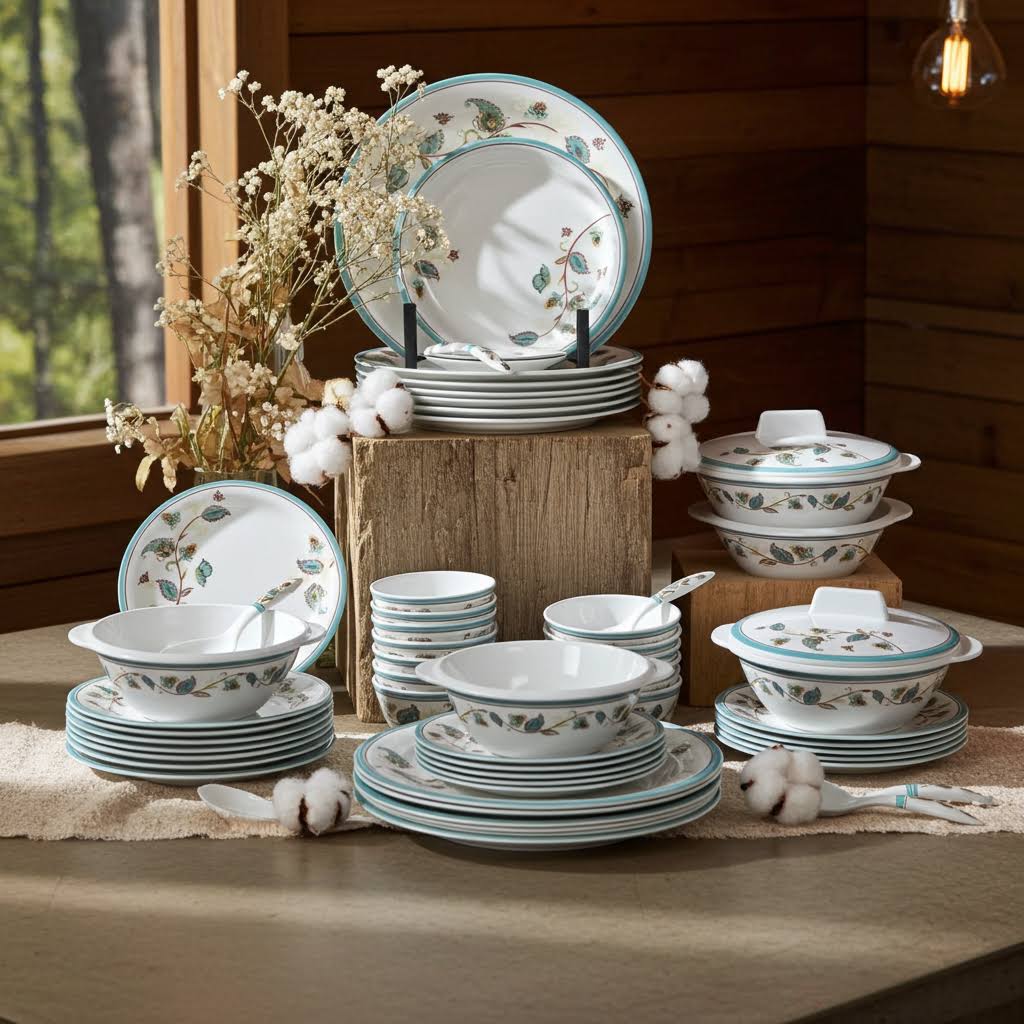 Stehlen Indian Round Dinnerware, Pure melamine, 33 PC  Kitchen Set for home- GREEN SAPPHIRE