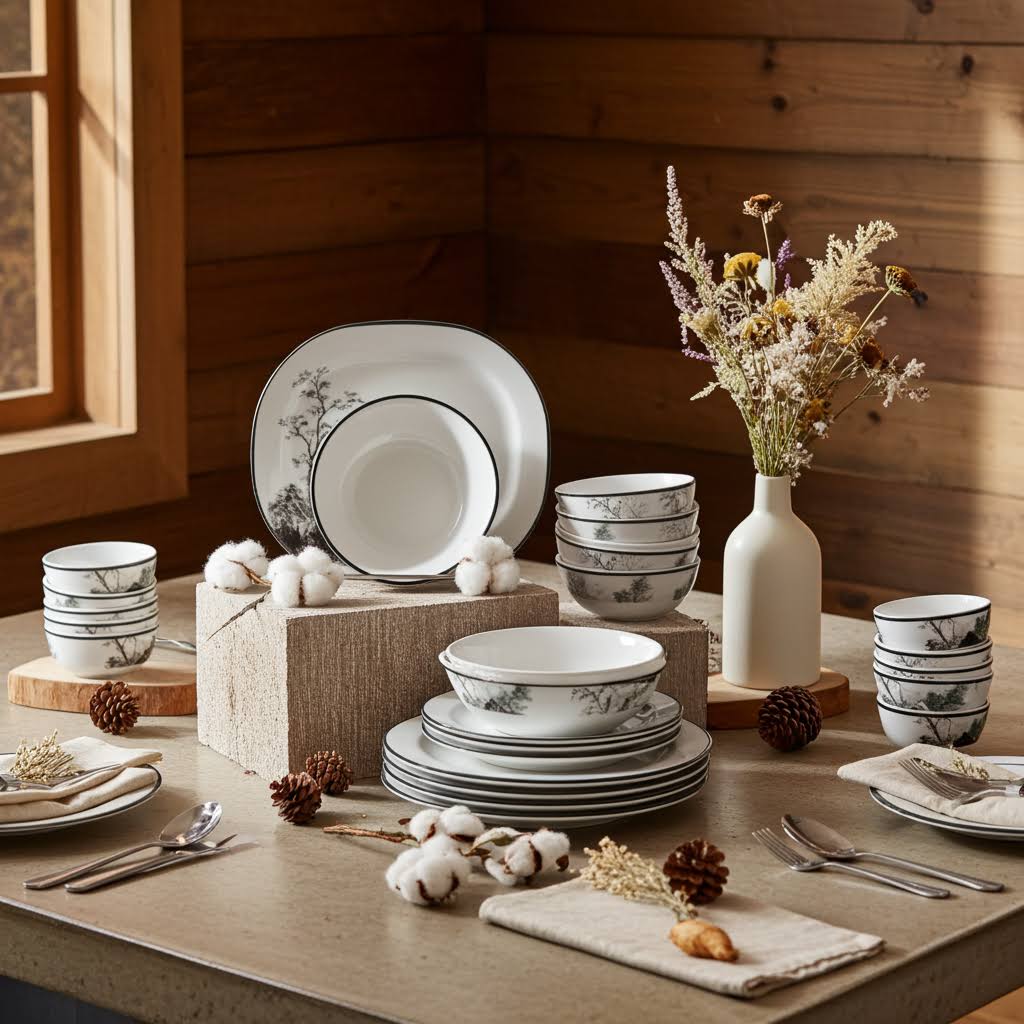 Stehlen Indian Round Dinnerware, Pure melamine, 33 PC  Kitchen Set for home- Oak