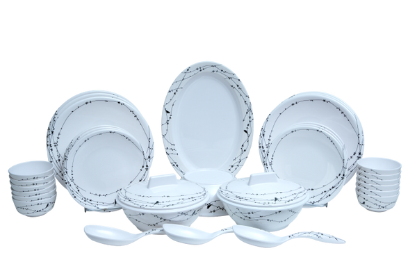 Stehlen Donna Glossy Dinnerware, Melamine, 33 Piece (6 Dinner Plate, 6 Quarter Plate, 6 Vegetable Bowl, 6 Vegetable Bowl, 2+2 Caserole with Lid, 3 Spoon,1 Platter, 1 Bowl)-(White Nest)