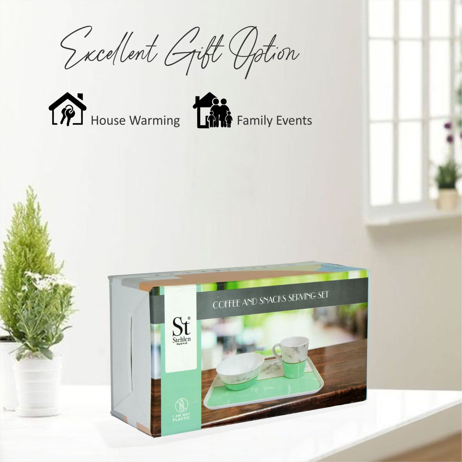 Stehlen Coffee Cups Set & Tray, 3 Piece Tea Coffee & Snacks Set, Pure melamine, Gift Set, Cup and Tray Set-Trio Blonde