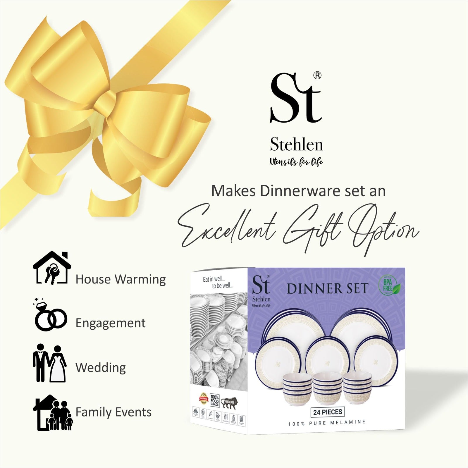 Stehlen Dinnerware, Pure melamine, Vintage, 24 Piece Kitchen Set for home-  MYST BLUE