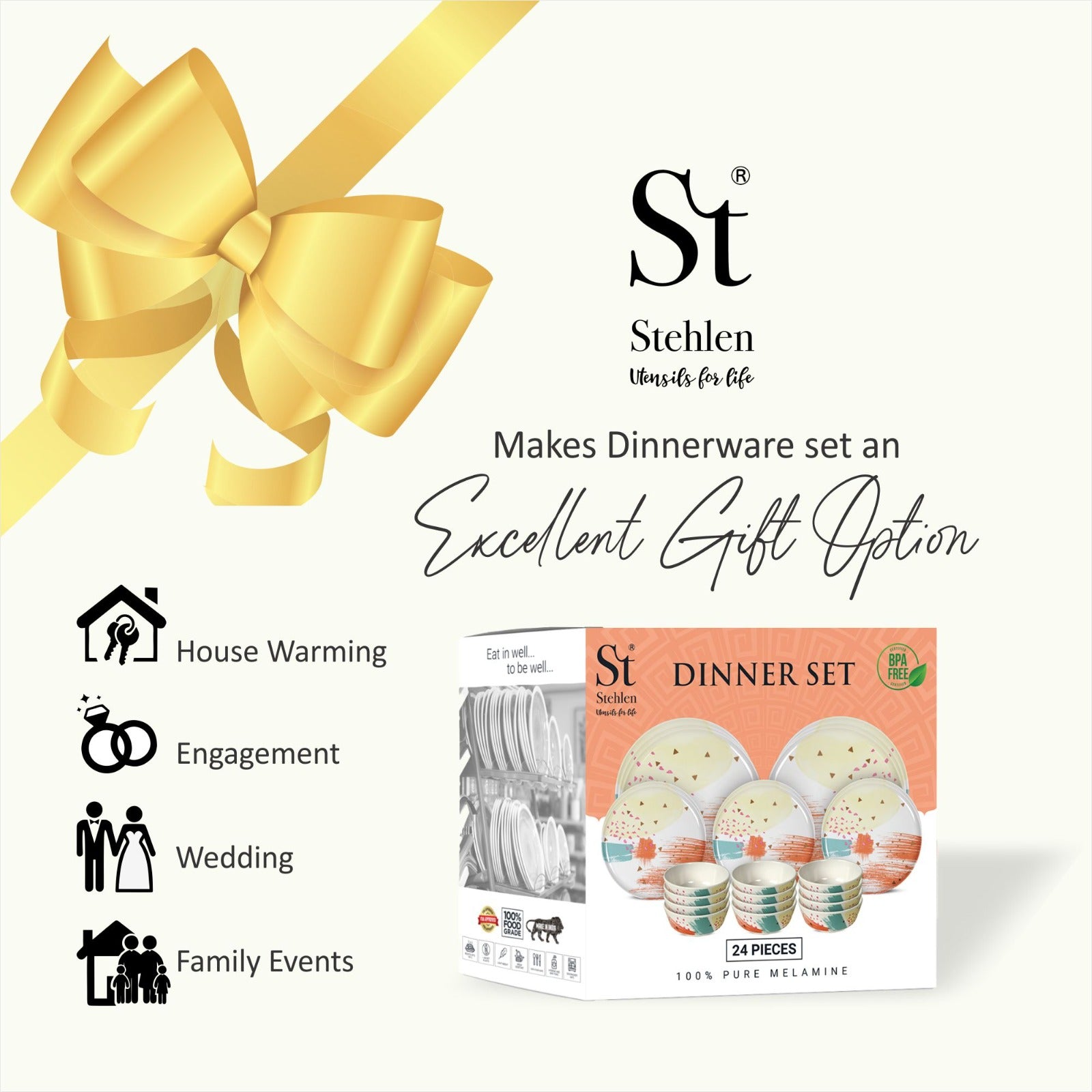 Stehlen Donna Hammered Dinnerware, Pure melamine, 24 Piece Kitchen Set for home- Blue Stripe