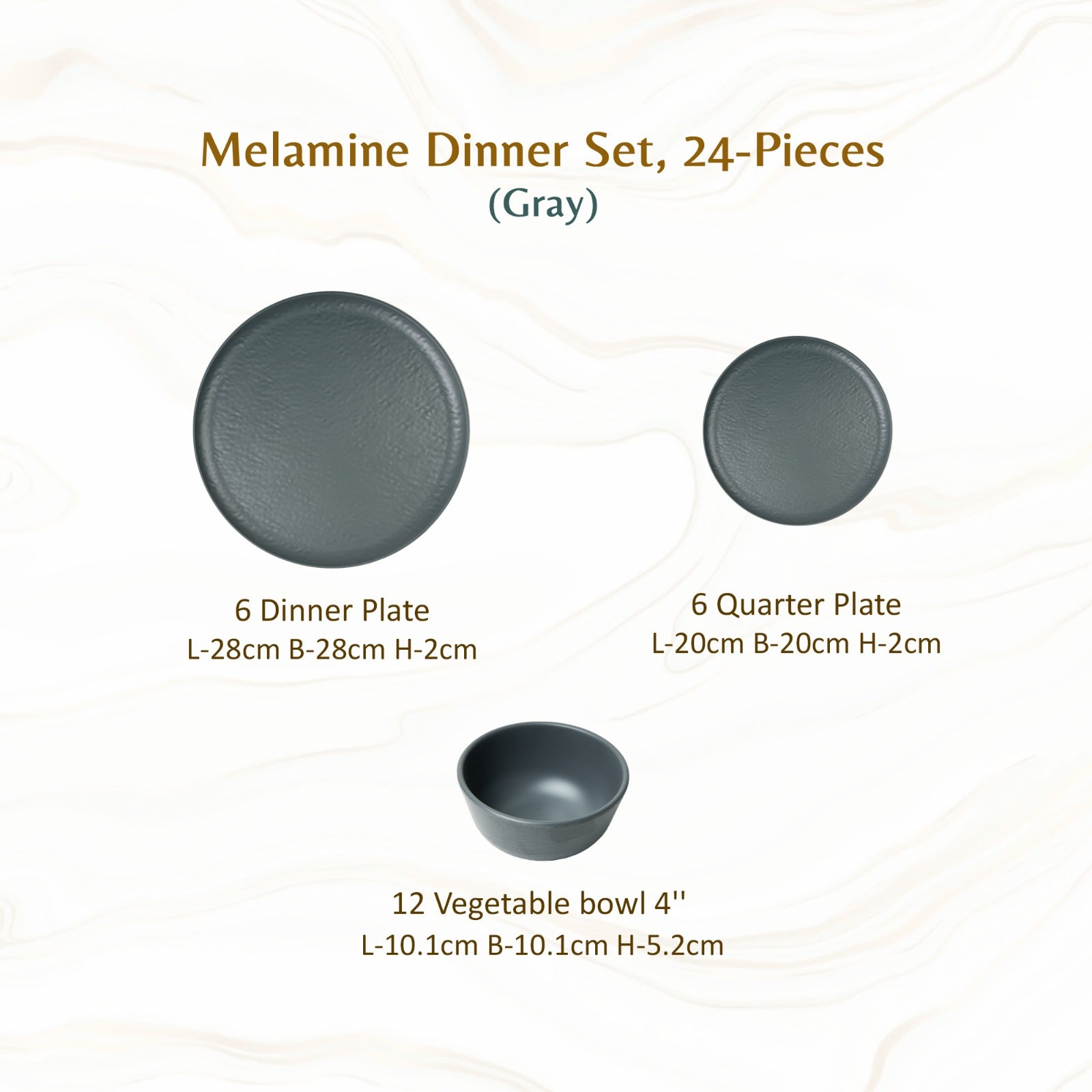 Stehlen Donna Hammered Dinnerware, Pure melamine, 24 PC Kitchen Set for home- Gray