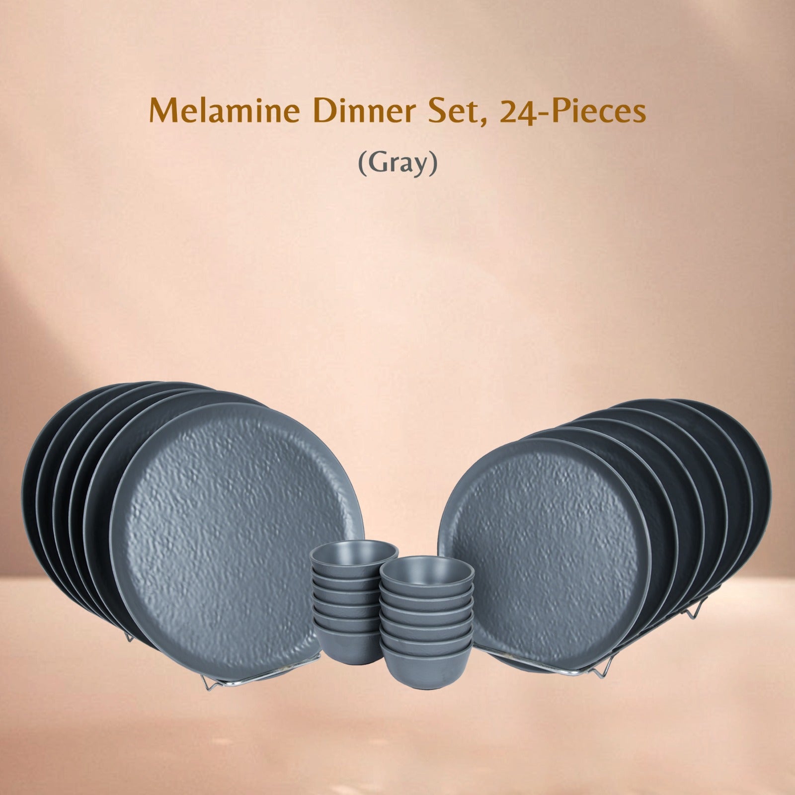 Stehlen Donna Hammered Dinnerware, Pure melamine, 24 PC Kitchen Set for home- Gray