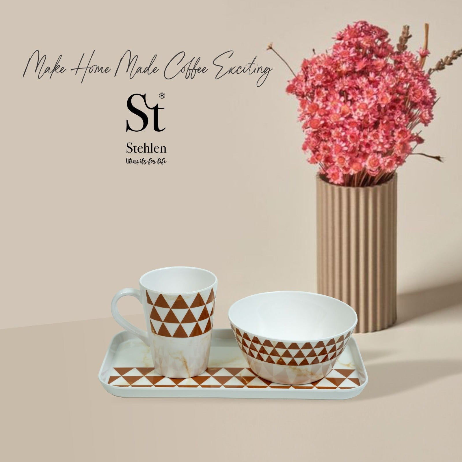 Stehlen Coffee Cups Set & Tray, 3 Piece Tea Coffee & Snacks Set, Pure melamine, Gift Set, Cup and Tray Set-Trio Blonde