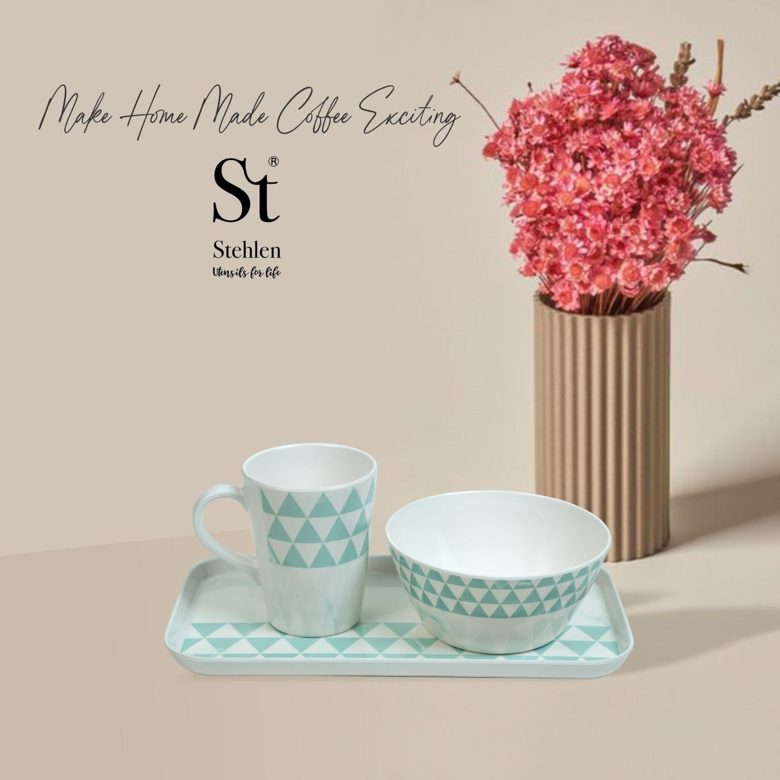 Stehlen Coffee Cups Set & Tray, 3 Piece Tea Coffee & Snacks Set, Pure melamine, Gift Set, Cup and Tray Set-Trio Aqua