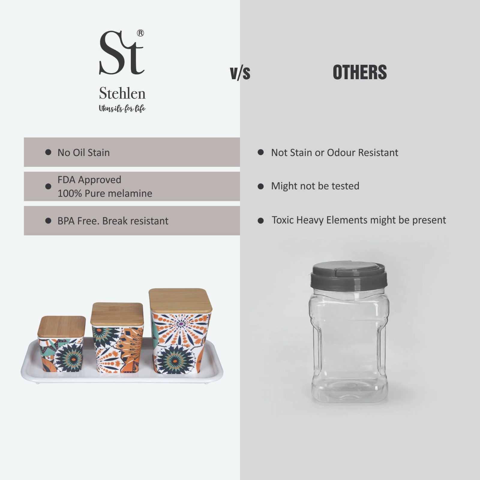 Stehlen 100% Pure melamine 3 pcs wooden lid canister set with melamine tray, SET OF 4- Moroccan